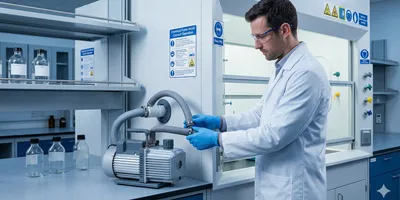 A professional laboratory technician wearing a white lab coat, safety glasses, and blue nitrile gloves inspects the thick-walled exhaust tubing connected to a mechanical vacuum pump.