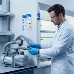 A professional laboratory technician wearing a white lab coat, safety glasses, and blue nitrile gloves inspects the thick-walled exhaust tubing connected to a mechanical vacuum pump.