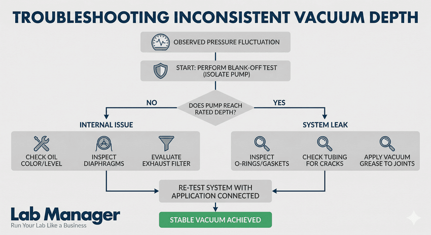A professional infographic from Lab Manager titled "Troubleshooting Inconsistent Vacuum Depth.