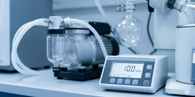 Professional digital vacuum controller displaying 10.0 mbar on a laboratory benchtop, connected to a diaphragm vacuum pump and rotary evaporator glassware in a clean chemistry lab.