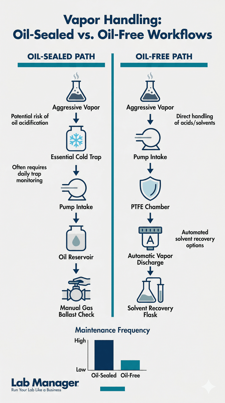 Infographic titled "Vapor Handling: Oil-Sealed vs. Oil-Free Workflows" comparing laboratory vacuum pump systems.