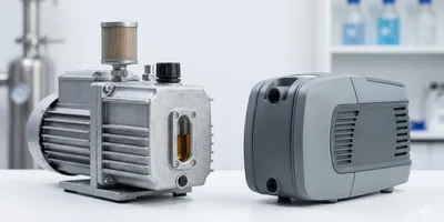 Comparative photograph of an industrial rotary vane vacuum pump with an oil sight glass and a modern oil-free diaphragm laboratory pump on a benchtop.