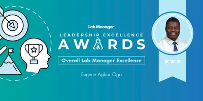 Lab Manager Leadership Excellence Award announcement graphic featuring Eugene Oga.