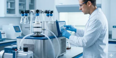 A laboratory professional in proper PPE operates a freeze-dryer system connected to a vacuum pump in a clean, modern food science facility.