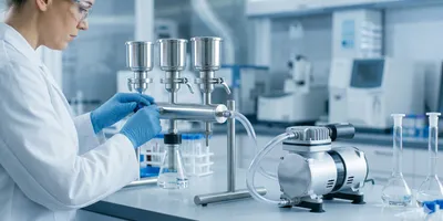 Modern laboratory vacuum filtration manifold with diaphragm pump setup.