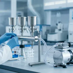 Modern laboratory vacuum filtration manifold with diaphragm pump setup.