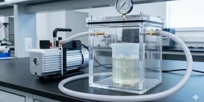 Laboratory vacuum degassing setup removing air bubbles from translucent epoxy resin inside a clear vacuum chamber with a pressure gauge and modern vacuum pump.