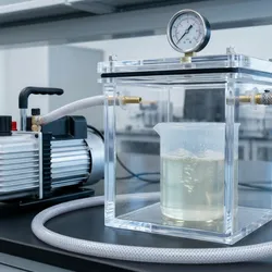 Laboratory vacuum degassing setup removing air bubbles from translucent epoxy resin inside a clear vacuum chamber with a pressure gauge and modern vacuum pump.