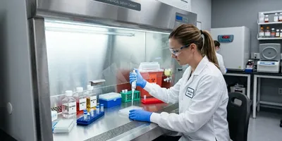 A lab researcher demonstrates proper contamination control technique inside a Class II biological safety cabinet, working with organized clean-to-dirty workflow and correct sash height.