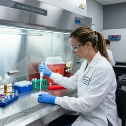 A lab researcher demonstrates proper contamination control technique inside a Class II biological safety cabinet, working with organized clean-to-dirty workflow and correct sash height.