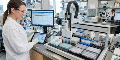A female scientist in a lab coat and safety glasses smiles while operating an automated liquid handling robot using a tablet.