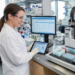 A female scientist in a lab coat and safety glasses smiles while operating an automated liquid handling robot using a tablet.