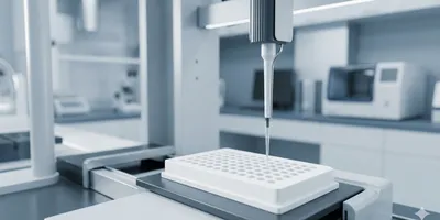 Automated liquid handling workstation with robotic pipetting arm over a 96-well microplate in a clinical lab