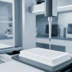 Automated liquid handling workstation with robotic pipetting arm over a 96-well microplate in a clinical lab