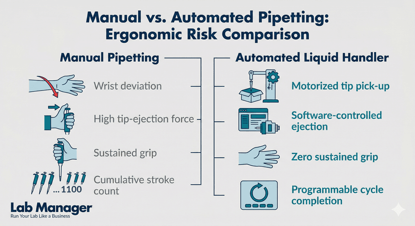 A professional infographic titled "Manual vs. Automated Pipetting: Ergonomic Risk Comparison" using a clean blue, teal, and gray color palette.