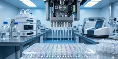 Automated liquid handling robot dispensing precise clear droplets into a 96-well microplate in a high-tech laboratory setting.