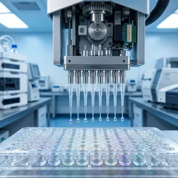 Automated liquid handling robot dispensing precise clear droplets into a 96-well microplate in a high-tech laboratory setting.