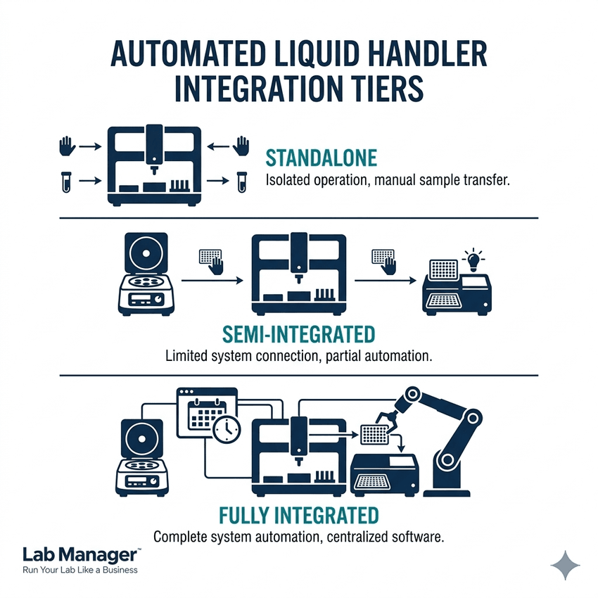 A branded infographic by Lab Manager titled "Automated Liquid Handler Integration Tiers," illustrating three vertical levels of lab automation. A branded infographic by Lab Manager titled "Automated Liquid Handler Integration Tiers," illustrating three vertical levels of lab automation.