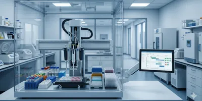A modern automated liquid handling workstation with a robotic arm positioned over a multi-well plate deck, surrounded by organized reagent racks and a secondary monitor displaying a workflow scheduling interface.