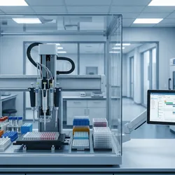 A modern automated liquid handling workstation with a robotic arm positioned over a multi-well plate deck, surrounded by organized reagent racks and a secondary monitor displaying a workflow scheduling interface.