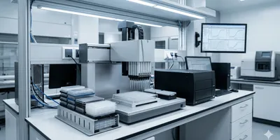 An automated liquid handling robot in a modern pharmaceutical laboratory precisely dispensing samples into a 384-well microplate.