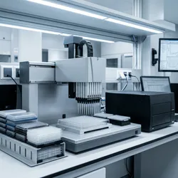 An automated liquid handling robot in a modern pharmaceutical laboratory precisely dispensing samples into a 384-well microplate.