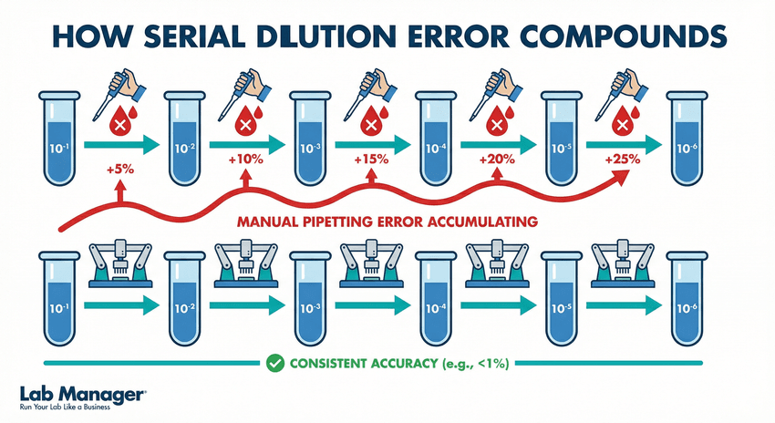 An infographic titled "How Serial Dilution Error Compounds" comparing manual and automated pipetting across a six-step serial dilution (10⁻¹ to 10⁻⁶). An infographic titled "How Serial Dilution Error Compounds" comparing manual and automated pipetting across a six-step serial dilution (10⁻¹ to 10⁻⁶).