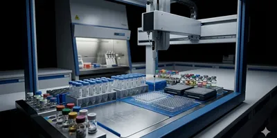 Automated liquid handling workstation performing serial dilutions in a modern food science laboratory.