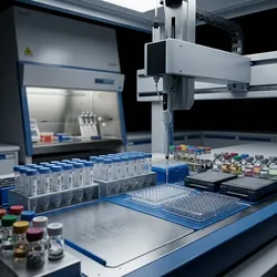 Automated liquid handling workstation performing serial dilutions in a modern food science laboratory.