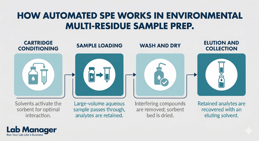 An infographic titled "How automated SPE works in environmental multi-residue sample prep."