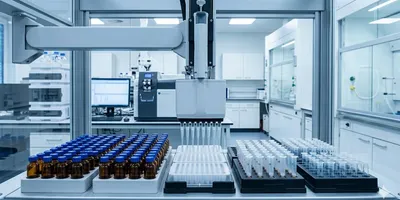 A modern automated liquid handling robotic workstation in a clean, professional laboratory, featuring an 8-channel pipette head processing samples above a 96-well plate, with rows of blue-capped amber glass vials in the foreground and clinical LC-MS analytical equipment in the background.