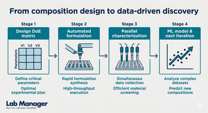 An infographic titled "From composition design to data-driven discovery" illustrating a four-stage horizontal process flow connected by arrows.