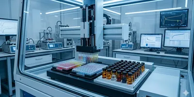 An automated robotic liquid handling system with multiple pipettes dispensing multi-colored solutions from amber vials into a 96-well microplate inside a glass enclosure.