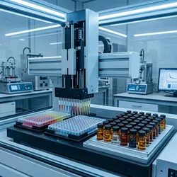 An automated robotic liquid handling system with multiple pipettes dispensing multi-colored solutions from amber vials into a 96-well microplate inside a glass enclosure.