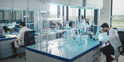 Scientists using sustainable lab products in a clean laboratory
