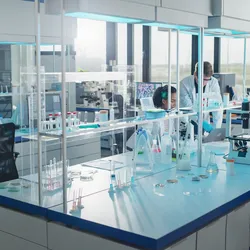 Scientists using sustainable lab products in a clean laboratory