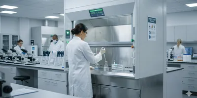  photorealistic, clean laboratory interior featuring a researcher in a white lab coat and safety glasses working safely at a modern ducted fume hood.