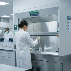  photorealistic, clean laboratory interior featuring a researcher in a white lab coat and safety glasses working safely at a modern ducted fume hood.