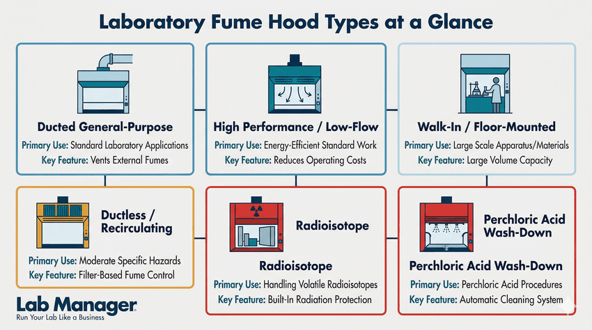 An infographic titled "Laboratory Fume Hood Types at a Glance" detailing six different hood types.