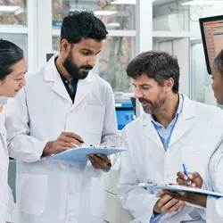 Four scientists in the lab meeting and looking at documents on clipboards