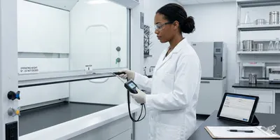 A photorealistic laboratory safety scene showing a qualified technician in a white lab coat and safety glasses using a thermal anemometer to measure face velocity at the sash opening of a modern ducted fume hood.