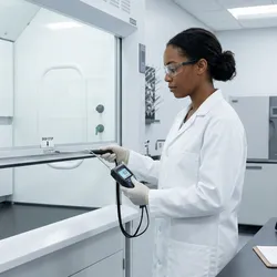 A photorealistic laboratory safety scene showing a qualified technician in a white lab coat and safety glasses using a thermal anemometer to measure face velocity at the sash opening of a modern ducted fume hood.