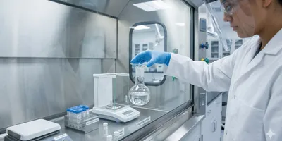A photorealistic close-up of an analyst in full PPE — lab coat, nitrile gloves, safety glasses — carefully covering a digestion vessel with a watch glass inside a clean, modern laboratory fume hood. 