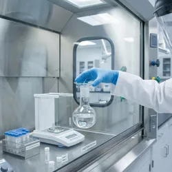 A photorealistic close-up of an analyst in full PPE — lab coat, nitrile gloves, safety glasses — carefully covering a digestion vessel with a watch glass inside a clean, modern laboratory fume hood. 