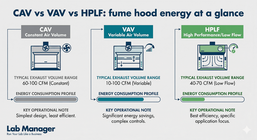 An infographic by Lab Manager titled "CAV vs VAV vs HPLF: fume hood energy at a glance."