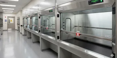 A photorealistic laboratory corridor showing a row of modern fume hoods with sashes closed at the minimum working height, sash stop markers clearly visible.