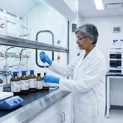 A pharmaceutical laboratory scientist in a white lab coat working at a modern chemical fume hood