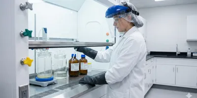 A food safety laboratory scientist in full PPE — face shield, acid-resistant lab coat, and heavy gloves — working at a polypropylene-lined fume hood, glass digestion vessels and labeled acid bottles visible inside the hood