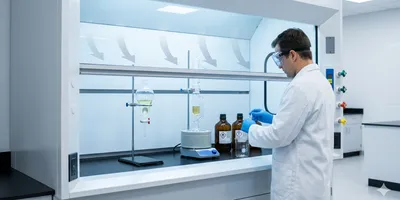 An analyst in full PPE — chemical splash goggles, nitrile gloves, and lab coat — working inside a large floor-mounted chemical fume hood.