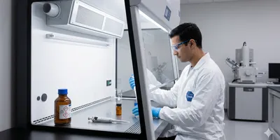 A researcher wearing a Tyvek lab coat, nitrile gloves, and safety goggles is working inside a sleek nano-containment fume hood with a visible HEPA exhaust filter unit mounted above.